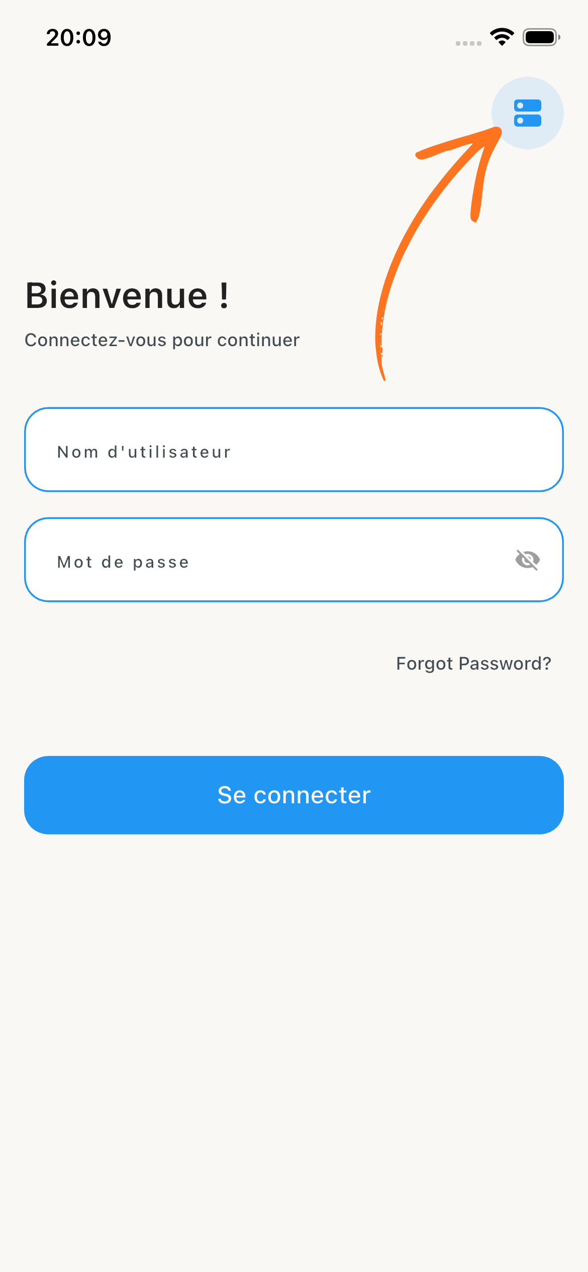 Étape 1 : appuyez sur l'icône serveur en haut à droite de l'écran de connexion